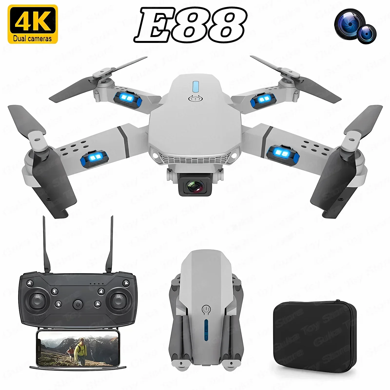Drone Camera Hd - 折りたたみ式クワッドコプター,e88プロ広角fpv,wifi,hd,4k,1080p,カメラ,高さ保持,rc,ヘリコプターのおもちゃ,男の子へのクリスマスプレゼント
